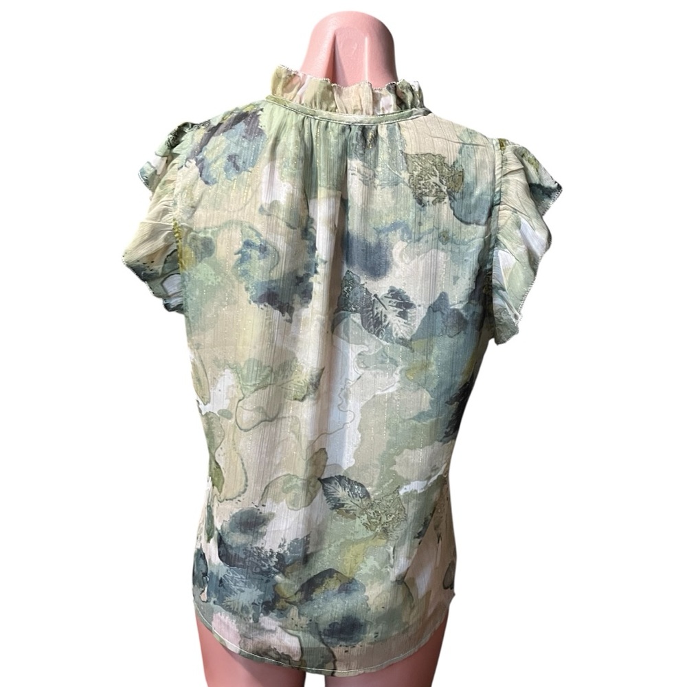 NWOT Haver London Ruffle Sleeve Blouse Leaf Print V-Neck Sleeveless size S - Picture 3 of 8